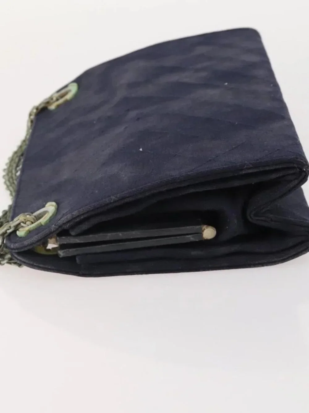 CHANEL Matelasse Chain Hand Bag Cotton Navy Gold CC Auth YKZ061